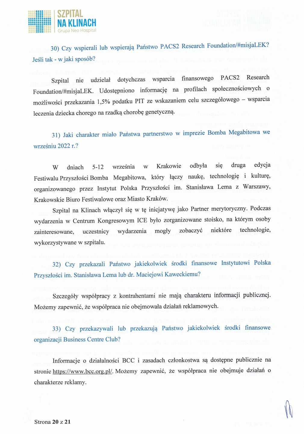 Odpowiedź Szpitala na Klinach na pytania Wirtualnej Polski