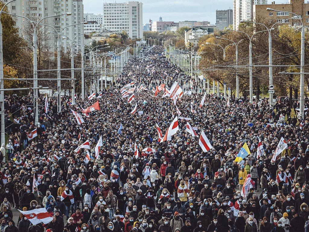 "Marsz partyzancki" – akcja solidarności ze strajkującymi robotnikami mińskich fabryk, 18 października 2020, Mińsk