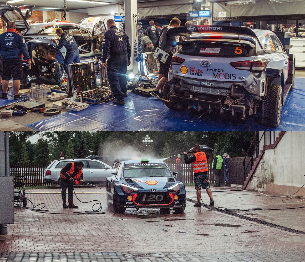 Auto w oczekiwaniu na start pracy mechaników i mycie Hyundaia i20 Coupe WRC tuż przed serwisem