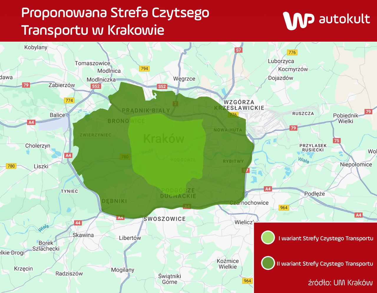 Możliwe obszary krakowskiej strefy czystego transportu