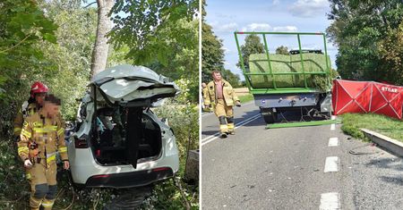 Tragiczny wypadek w Gostkowie. Tesla zderzyła się z ciągnikiem