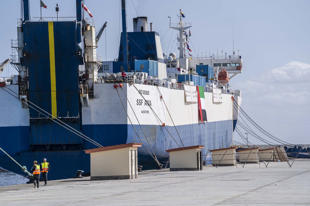 ARISH, EGYPT - MARCH 10: The Emirati floating hospital stands in Al-Arish port to receive the injured Palestinians on March 10, 2024 in Arish, Egypt. The shipment, with 3,000 tons of food, medicine and equipment, was arranged by Kizilay, the Turkish Red Crescent. In recent days, the United States and other countries have announced a plan to create a temporary pier off the coast of Gaza to allow for more aid delivery, with frustrations growing at the pace of aid delivery by land.(Photo by Ali Moustafa/Getty Images)