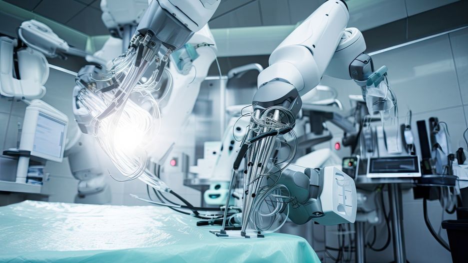 medical robot performing , with intricate tools and procedures visible