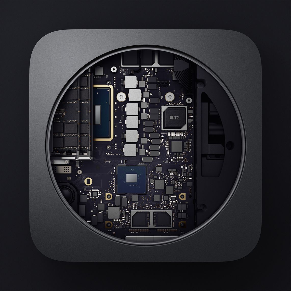 Sprawca całego zamieszania: układ T2 na płycie głównej nowego Maca Mini (mat. pras. Apple)