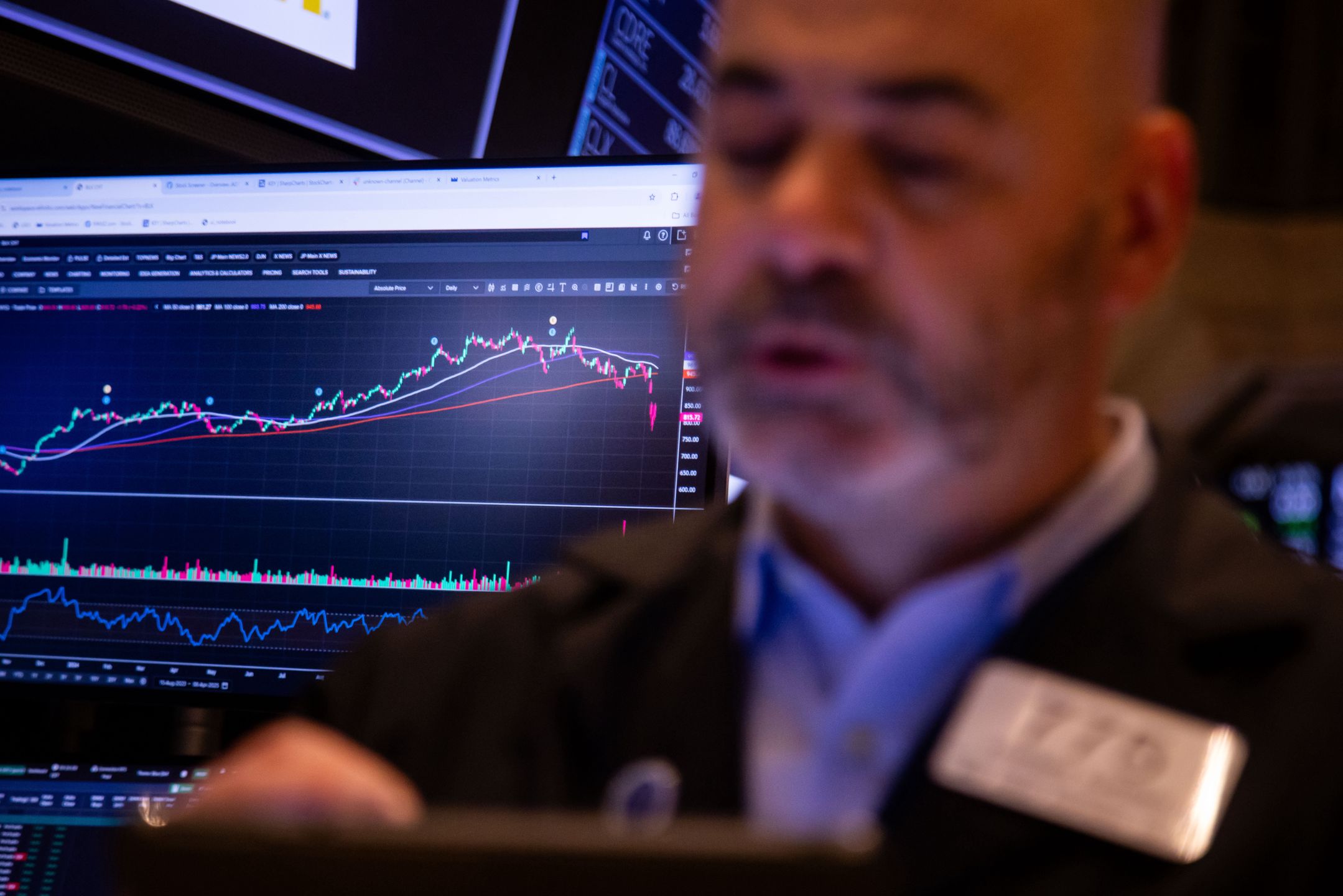 A Blackrock Inc. chart on the floor of the New York Stock Exchange (NYSE) in New York, US, on Wednesday, April 9, 2025. US equity futures extended declines on Wednesday with the S&P 500 Index trading on the brink of a bear market as China retaliated against the US and further raised tariffs on American goods. Photographer: Michael Nagle/Bloomberg via Getty Images