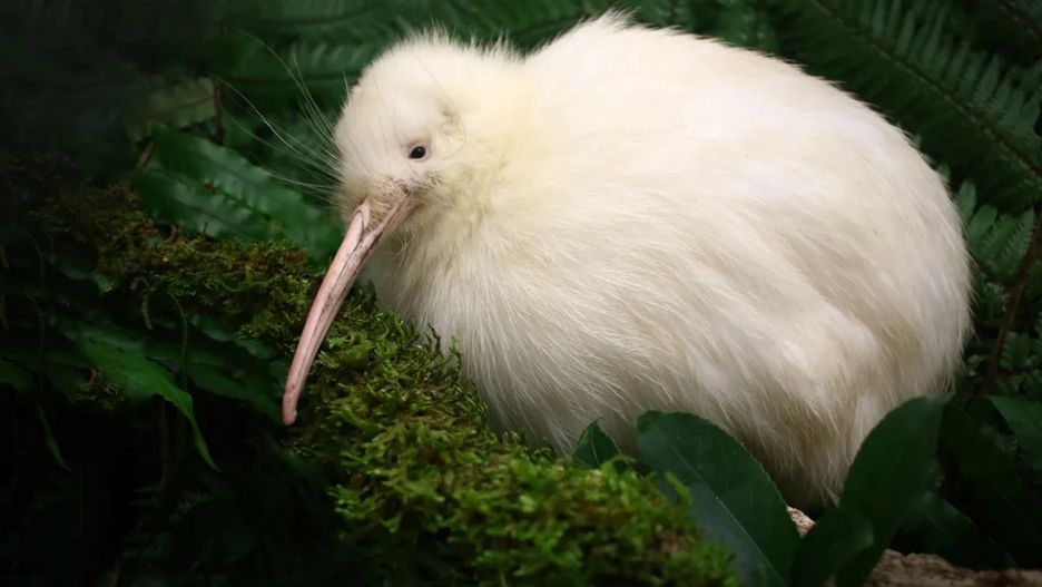 Unikalny biały kiwi uchwycony na nagraniu. Jego kolor to wynik
