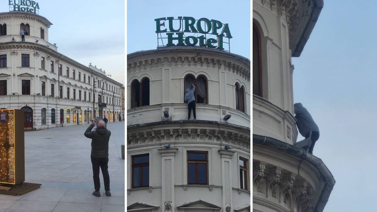 Malował ramę okna na trzecim piętrze remontowanego Hotelu Europa bez zabezpieczeń