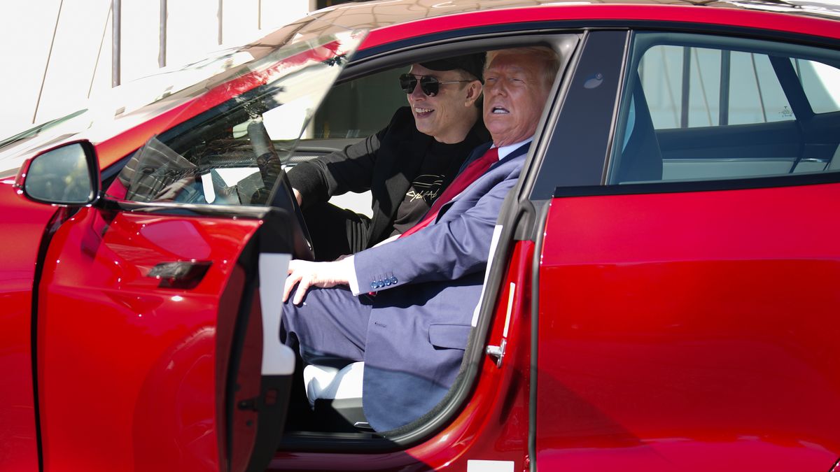 WASHINGTON, DC - MARCH 11: U.S. President Donald Trump and White House Senior Advisor, Tesla and SpaceX CEO Elon Musk sit in a Tesla Model S on the South Lawn of the White House on March 11, 2025 in Washington, DC. Trump spoke out against calls for a boycott of Elon Musk’s companies and said he would purchase a Tesla vehicle in what he calls a ‘show of confidence and support’ for Elon Musk. (Photo by Andrew Harnik/Getty Images)