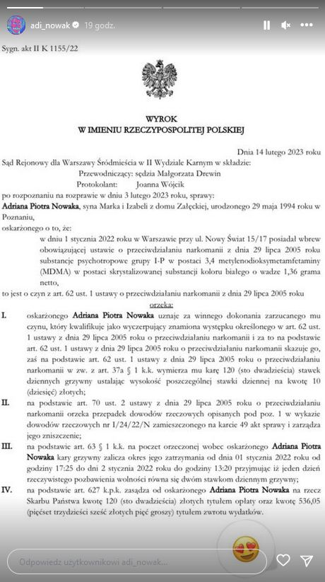 Adi Nowak skazany za posiadanie narkotyków