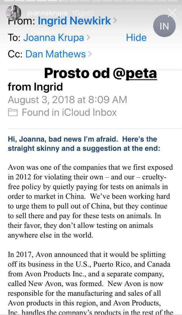 Joanna Krupa opublikowała maila od PETA