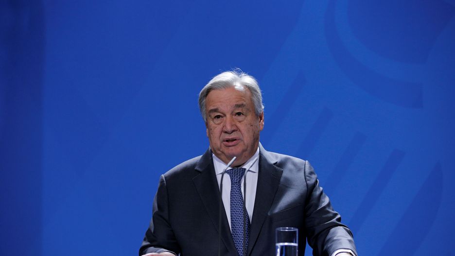 BERLIN, GERMANY - NOVEMBER 26: UN Secretary-General Antonio Guterres and German Chancellor Angela Merkel (not seen) hold a joint press conference after their meeting in Berlin, Germany on November 26, 2019.  (Photo by Abdulhamid Hosbas/Anadolu Agency via Getty Images)