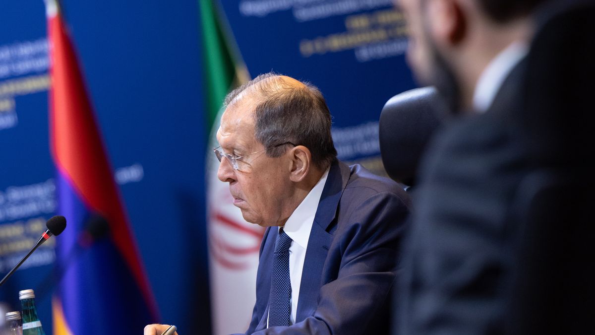 ISTANBUL, TURKIYE - OCTOBER 18: Russian Foreign Minister Sergey Lavrov makes a speech as he attends the 3+3 South in Istanbul, Turkiye on October 18, 2024. Turkish Foreign Minister Hakan Fidan hosted the meeting which includes his counterparts from Russia, Iran, Azerbaijan, and Armenia. (Photo by Murat Gok/Anadolu via Getty Images)