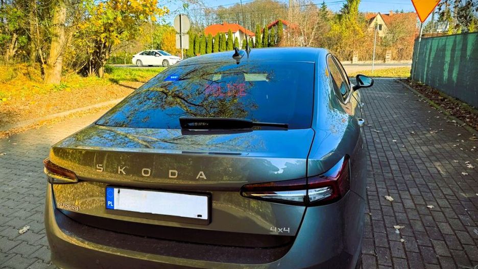 Szary samochód osobowy marki Skoda zaparkowany na brukowanej drodze w otoczeniu drzew i domów.