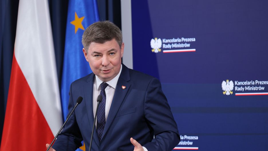 Warszawa, 15.12.2023. Szef Kancelarii Prezesa Rady Ministrów Jan Grabiec na konferencji prasowej w KPRM w Warszawie, 15 bm. (aldg) PAP/Albert Zawada