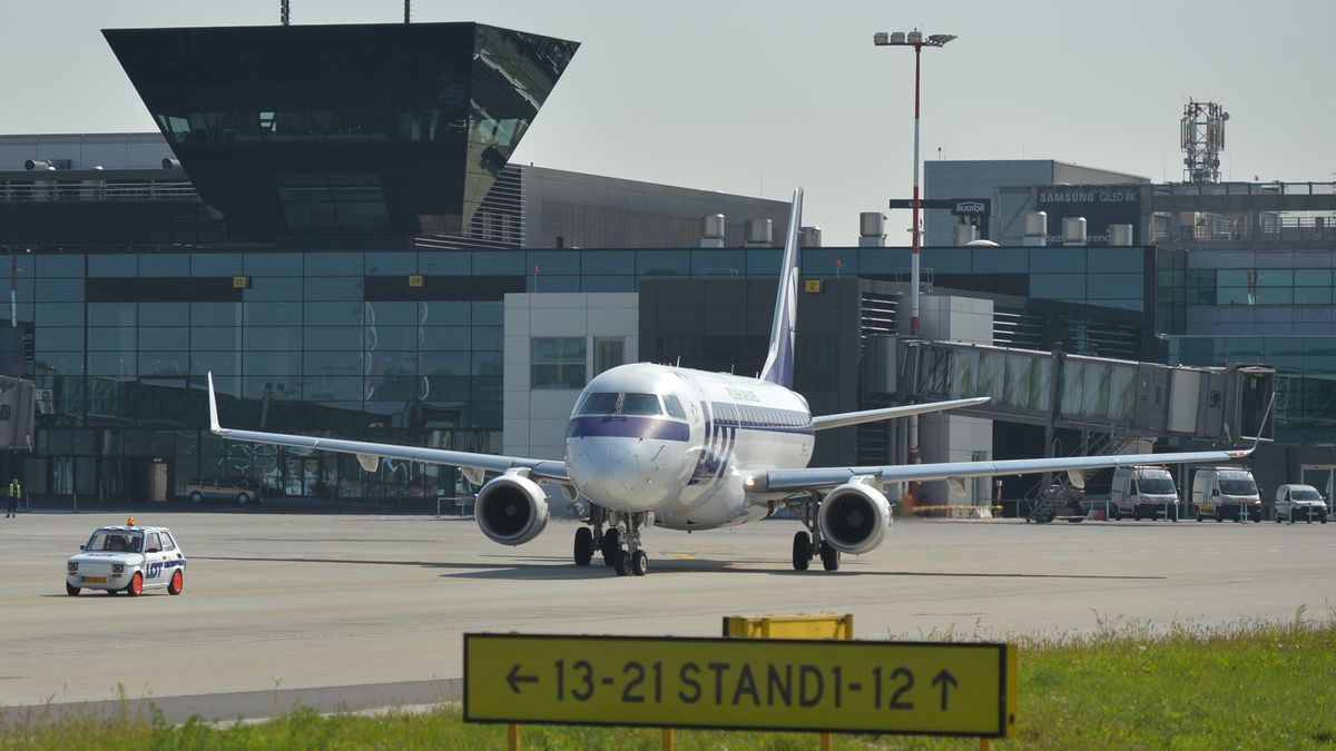 Polish Fiat 126p in the colors of LOT as a 'Follow Me' car for Polish Airlines planes at the Krakow Balice airport. 
The event was a tribute to the legendary car, the nickname 'Maluch' meaning 'The Little One' or 'Toddler' whose fleet worked at Polish airports during 70's and 80's.
On  September 22, 2020, in Krakow, Poland. (Photo by Artur Widak/NurPhoto via Getty Images)