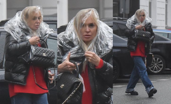 Monika Olejnik drałuje w deszczu z SIATKĄ na głowie, dzierżąc torebkę za 22 tysiące (ZDJĘCIA)
