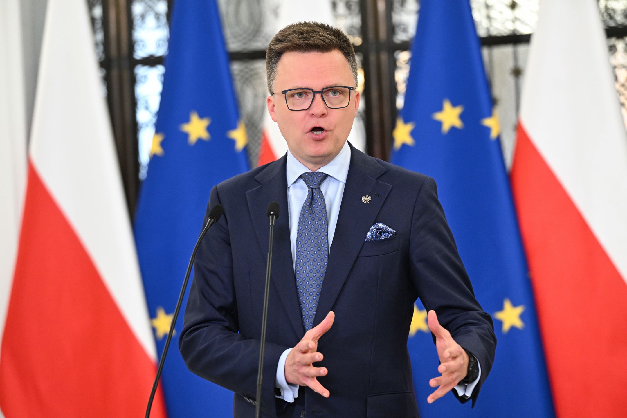 Warszawa, 03.06.2025. Marszałek Sejmu Szymon Hołownia na konferencji prasowej w Sejmie w Warszawie, 3 bm. (ad) PAP/Radek Pietruszka