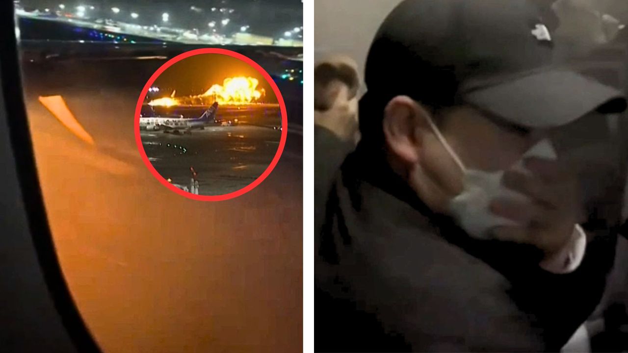 Samolot w ogniu na lotnisku w Tokio. Pasażer nagrał, co działo się w środku