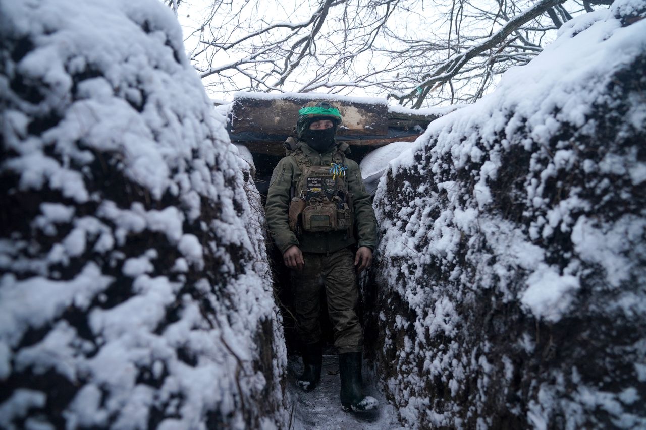 KUPIANSK, UKRAINE - FEBRUARY 22: A view of the snowy trench as Ukrainian soldiers are on duty in the direction of Kupiansk, Ukraine on February 22, 2024. (Photo by Jose Colon/Anadolu via Getty Images)