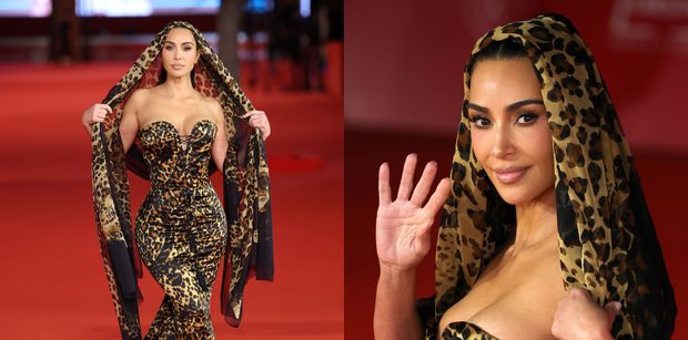 Drapieżna Kim Kardashian w panterkowej sukni z głębokim dekoltem olśniewa na Festiwalu Filmowym w Rzymie (ZDJĘCIA)