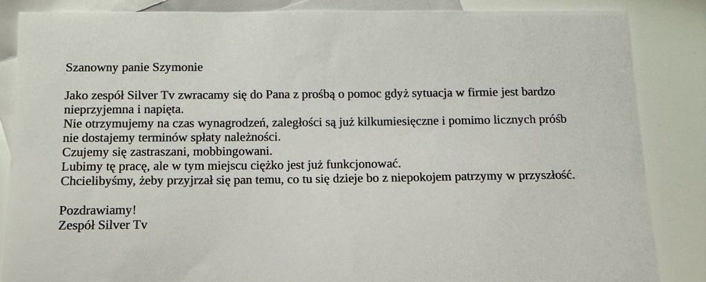 List zespołu Silver TV do Szymona Negacza. 