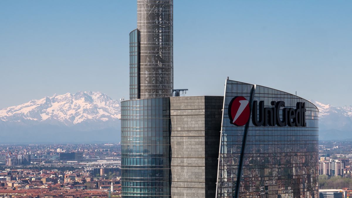 The UniCredit Tower rises above Milan's skyline with its towering spire, reflecting the city below while the snow-capped Alps stand in the background. Milan (Italy), March 26th, 2019 (Photo by Dimitar Harizanov/Mondadori Portfolio via Getty Images)