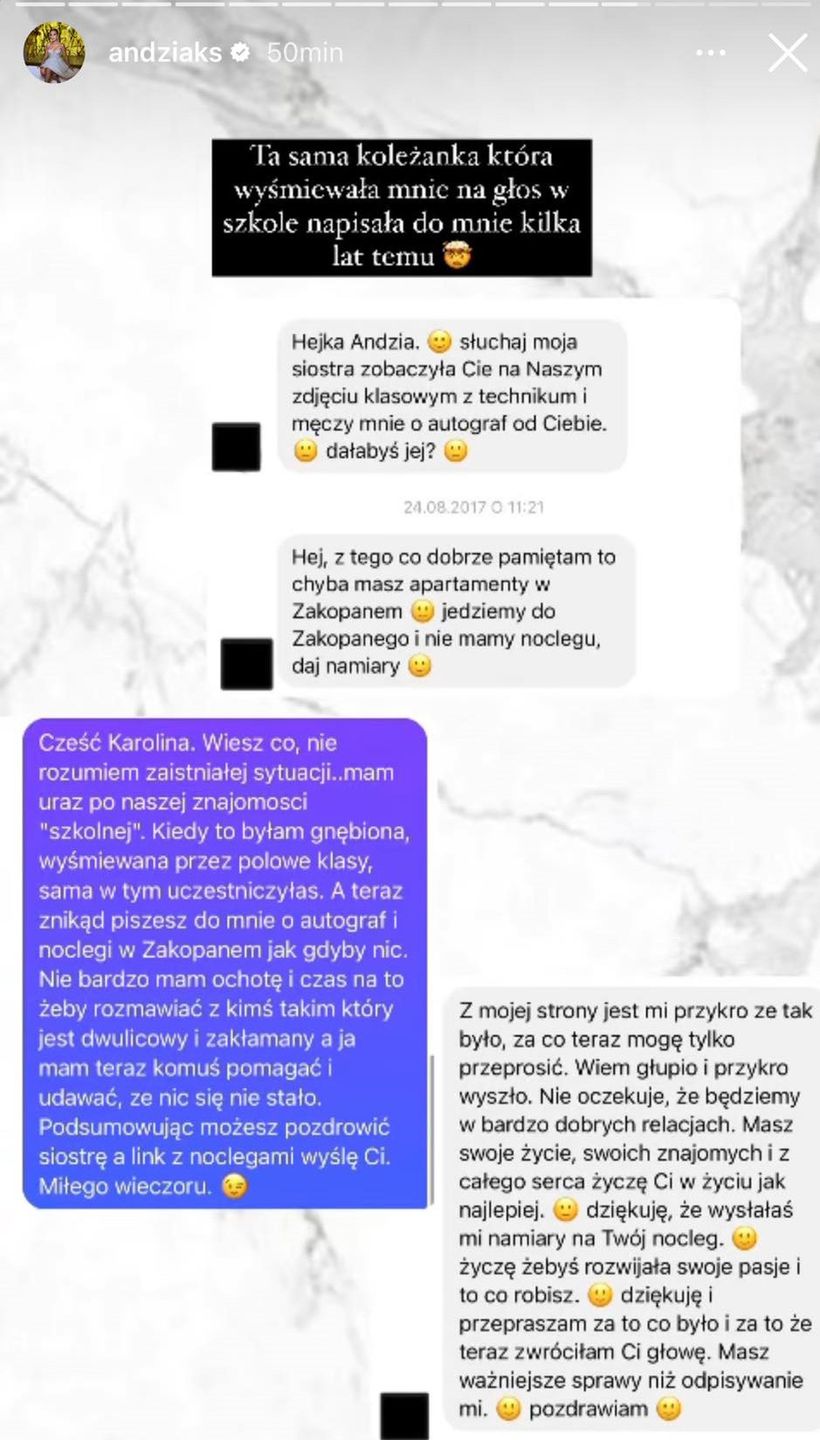 Andziaks wyznaje, że była gnębiona. Pokazała SMS-y od koleżanki