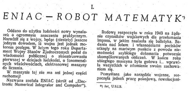 ENIAC - robot matematyk - fragment artykułu z magazynu "Problemy"