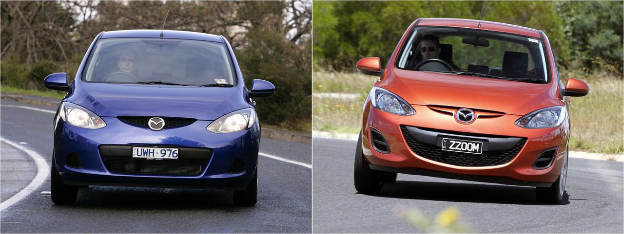 Po lewej stronie Mazda 2 przed liftingiem. Z prawej strony po liftingu przeprowadzonym w 2010 roku. Poprawiono nie tylko wygląd, ale także pracę zawieszenia i jakość wykonania.