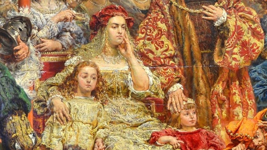 Jan Matejko, Zawieszenie dzwonu Zygmunta (fragment, na którym widoczna jest królowa Bona)

