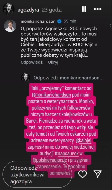 Komentarz Agnieszki Gozdyry na Instagramie 