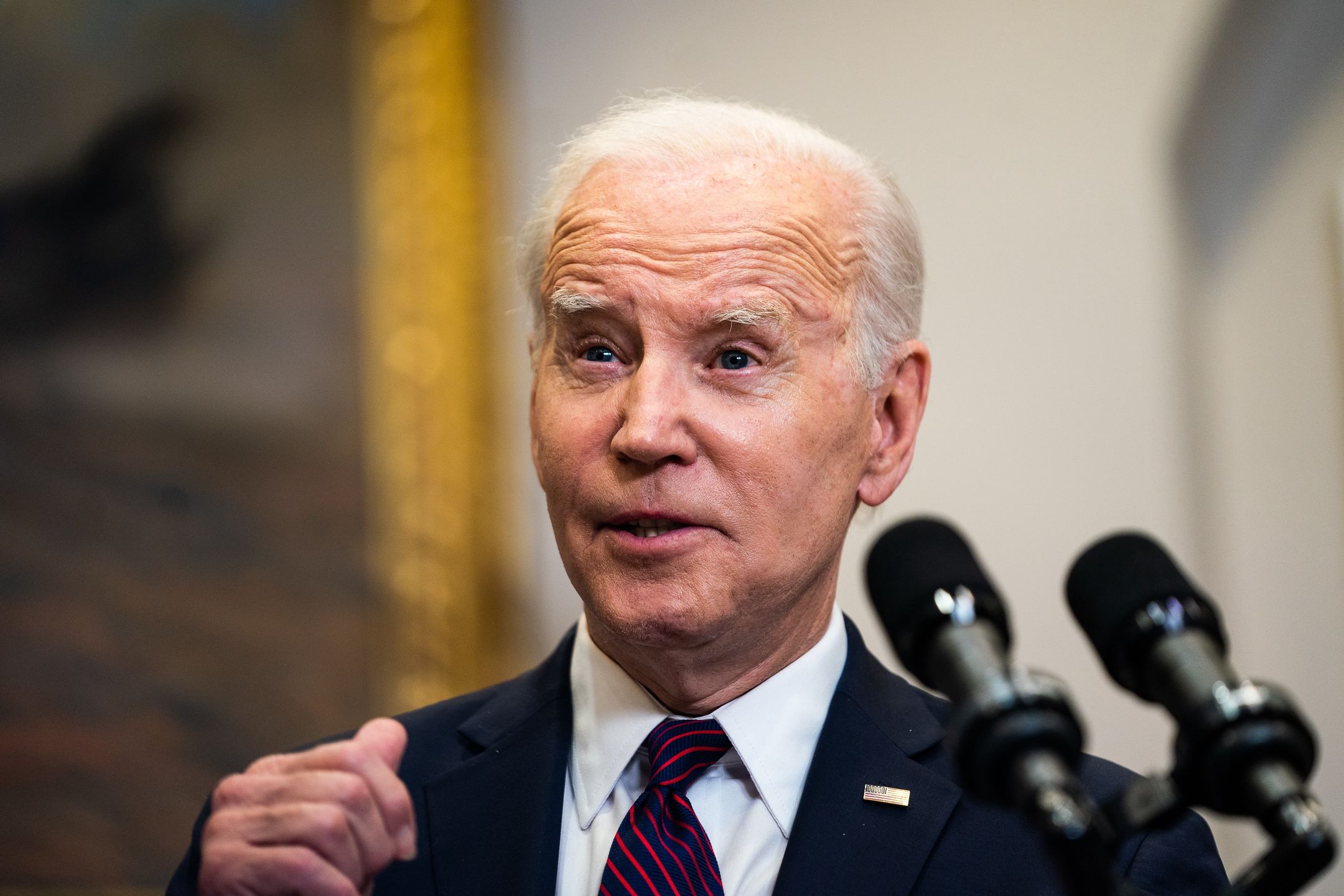 WASHINGTON, DC  May 9, 2023:

US President Joe Biden delivers remarks regarding the debt limit meeting in the Roosevelt Room of the White House on Tuesday May 9, 2023. Biden and Republican leaders met in hopes of breaking an impasse over the US debt limit. US Speaker of the House Kevin McCarthy, House Minority Leader Hakeem Jeffries, Senate Majority Leader Chuck Schumer and Senate Minority Leader Mitch McConnell were in attendance.

(Photo by Demetrius Freeman/The Washington Post via Getty Images)