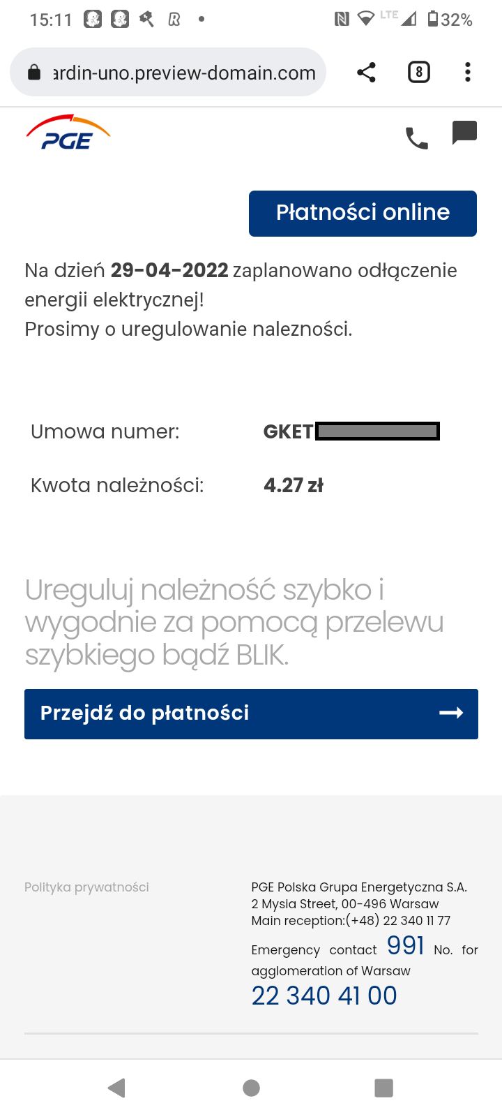 Fałszywy serwis płatności "za energię elektryczną"