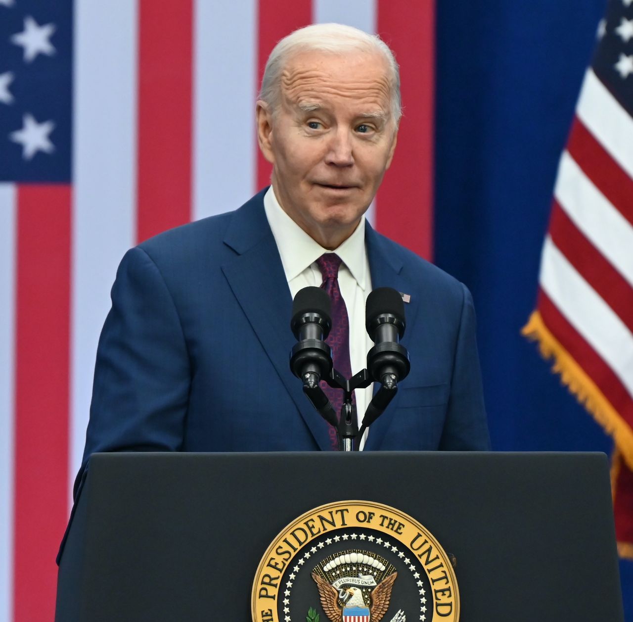 GOFFSTOWN, NEW HAMPSHIRE, UNITED STATES - MARCH 11: President of the United States Joe Biden delivers remarks on lowering costs for American families and delivers his vision in contrast to Former U.S. President Donald J. Trump at the YMCA Allard Center in Goffstown, New Hampshire, United States on March 11, 2024. (Photo by Kyle Mazza/Anadolu via Getty Images)
