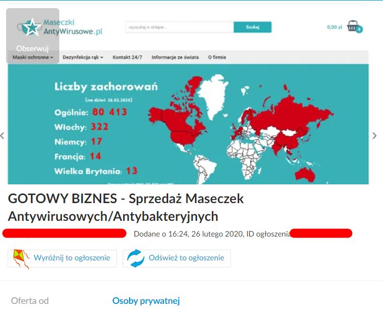 "Gotowy biznes" wśród ogłoszeń na OLX. Wystarczy 10 tys. złotych, by zacząć zarabiać na popularności hasła "koronawirus".