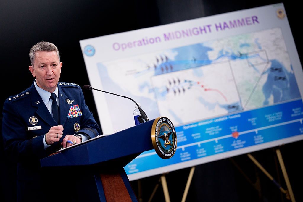 DOD Secretary Hegseth And Chairman Of The Joint Chiefs Caine Brief On Iran Strike
ARLINGTON, VIRGINIA - JUNE 22: Chairman of the Joint Chiefs of Staff Air Force Gen. Dan Caine discusses the mission details of a strike on Iran during a news conference at the Pentagon on June 22, 2025 in Arlington, Virginia. U.S. President Donald Trump gave an address to the nation last night after three Iranian nuclear facilities were struck by the U.S. military. (Photo by Andrew Harnik/Getty Images)
Andrew Harnik