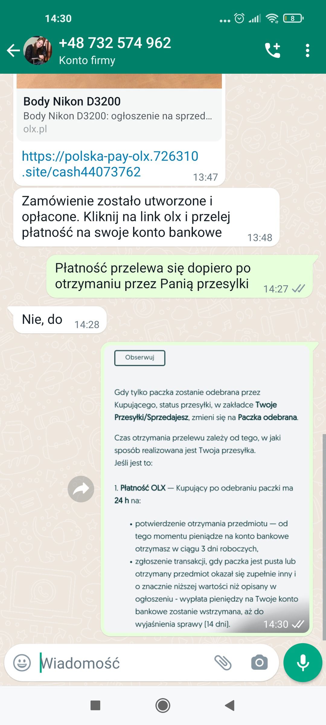 Wiadomość z fałszywym linkiem na WhatsAppie
