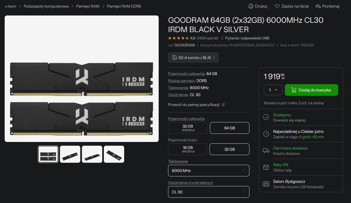 Cena GOODRAM 64GB (2x32GB) 6000MHz CL30 IRDM BLACK V SILVER