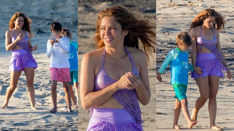 Promienna Shakira szaleje z synami na meksykańskiej plaży w lawendowym stroju (ZDJĘCIA)
