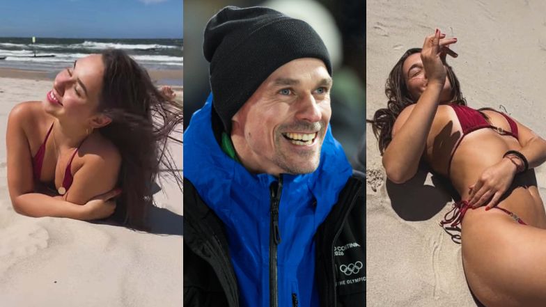 Otulona skąpym bikini ukochana Piotra Żyły tarza się w piasku