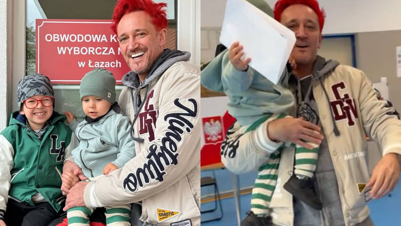 Michał Wiśniewski pofatygował się na wybory z DZIEĆMI i żoną. Brylował w nietypowym odzieniu