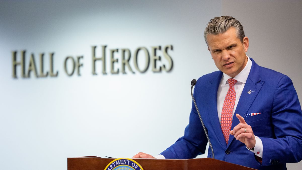 ARLINGTON, VIRGINIA - AUGUST 26: Secretary of War Pete Hegseth speaks during an event to honor Marines who were serving during the 2021 Abbey Gate bombing at the Pentagon on August 26, 2026 in Arlington, Virginia. Three U.S. Marines from Golf Company have their valor awards formally upgraded to honor their heroism and lifesaving actions during the 2021 Abbey Gate bombing at Hamid Karzai International Airport in Kabul. (Photo by Andrew Harnik/Getty Images)