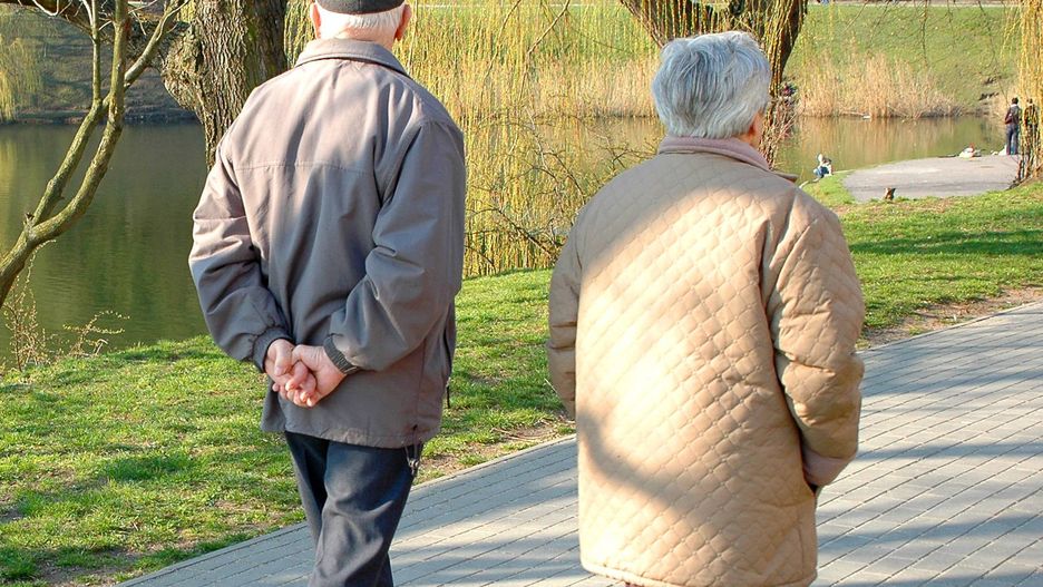 Seniorzy spacerują po parku