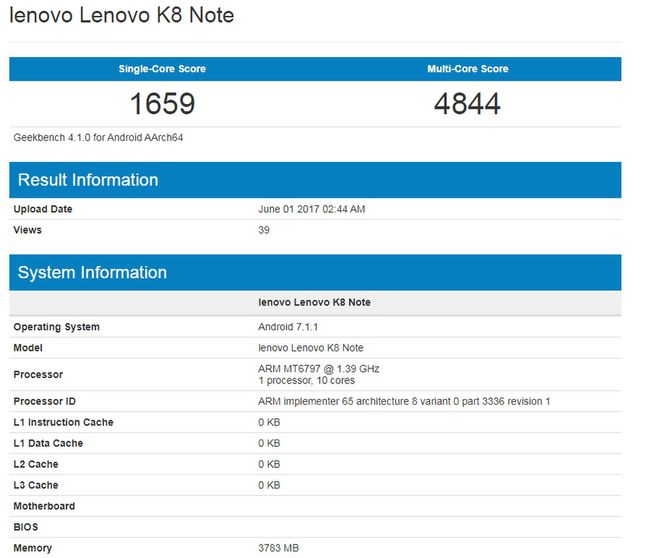 Lenovo K8 Note w bazie Geekbench