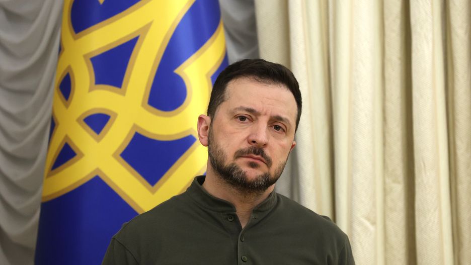 KYIV, UKRAINE - FEBRUARY 10: President of Ukraine Volodymyr Zelenskyy speaks during a joint briefing with President of the European Investment Bank Nadia Calviño on February 10, 2025 in Kyiv, Ukraine. During her visit to Ukraine, she discussed such topics as supporting the energy sector in the face of constant Russian attacks, building shelters in schools and kindergartens and border crossing points, and providing housing for internally displaced persons who lost their homes due to the war. (Photo by Viktor Kovalchuk/Global Images Ukraine via Getty Images)