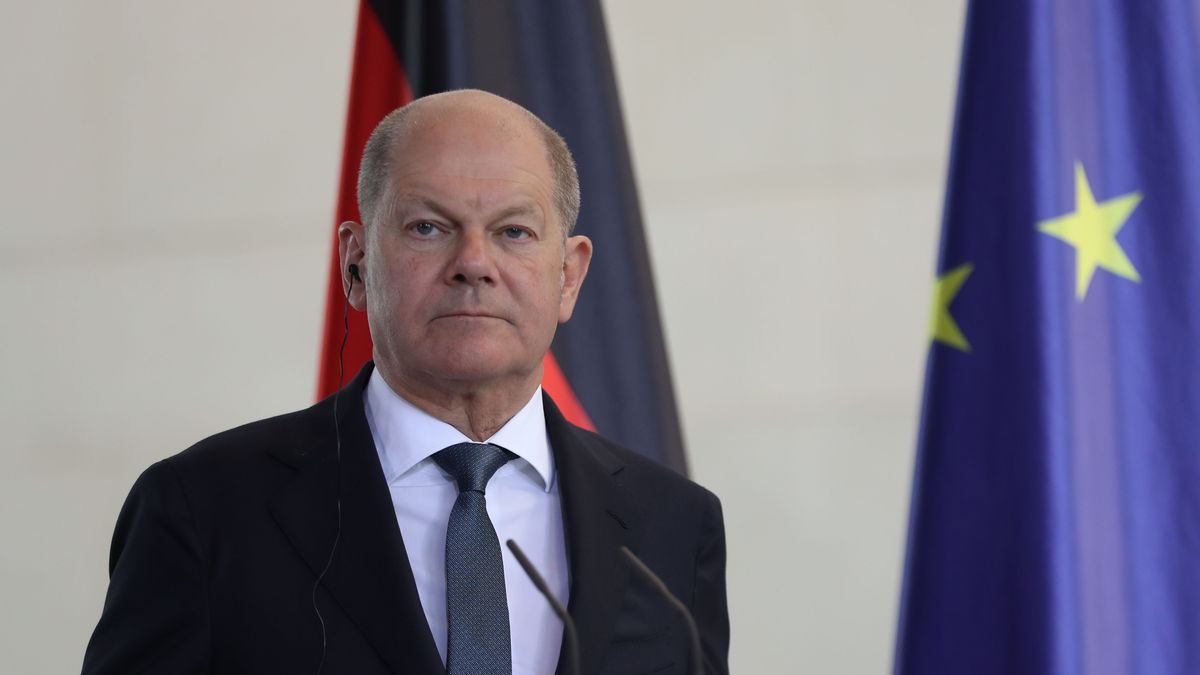 BERLIN, GERMANY - MAY 14: Germany's chancellor Olaf Scholz and Ukrainian President Volodymyr Zelenskyy (not seen) hold a joint press conference after their meeting in Berlin, Germany on May 14, 2023. (Photo by Cuneyt Karadag/Anadolu Agency via Getty Images)