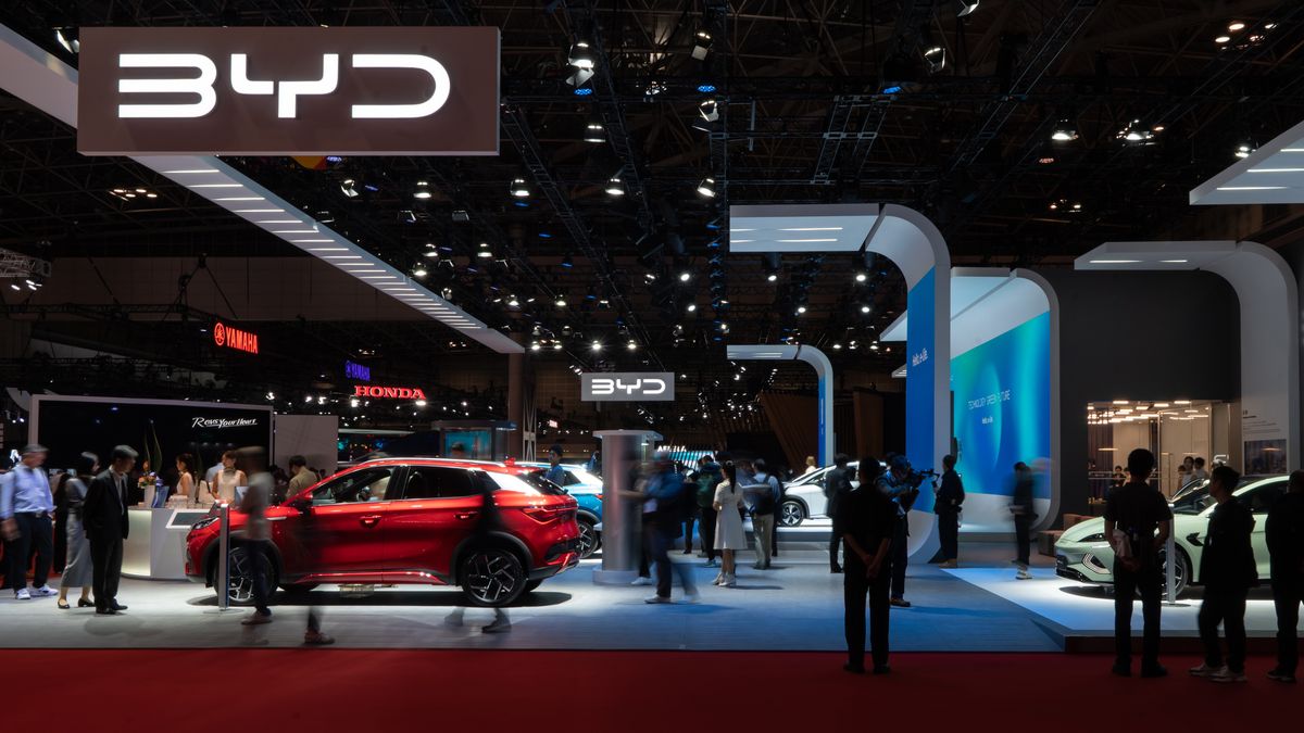 TOKYO, JAPAN - OCTOBER 26: Vehicles are displayed in the BYD booth during the Japan Mobility Show at Tokyo Big Sight in Tokyo, Japan on October 26, 2023. The show, formally known as the Tokyo Motor Show, will be held until November 05.  (Photo by Tomohiro Ohsumi/Getty Images)