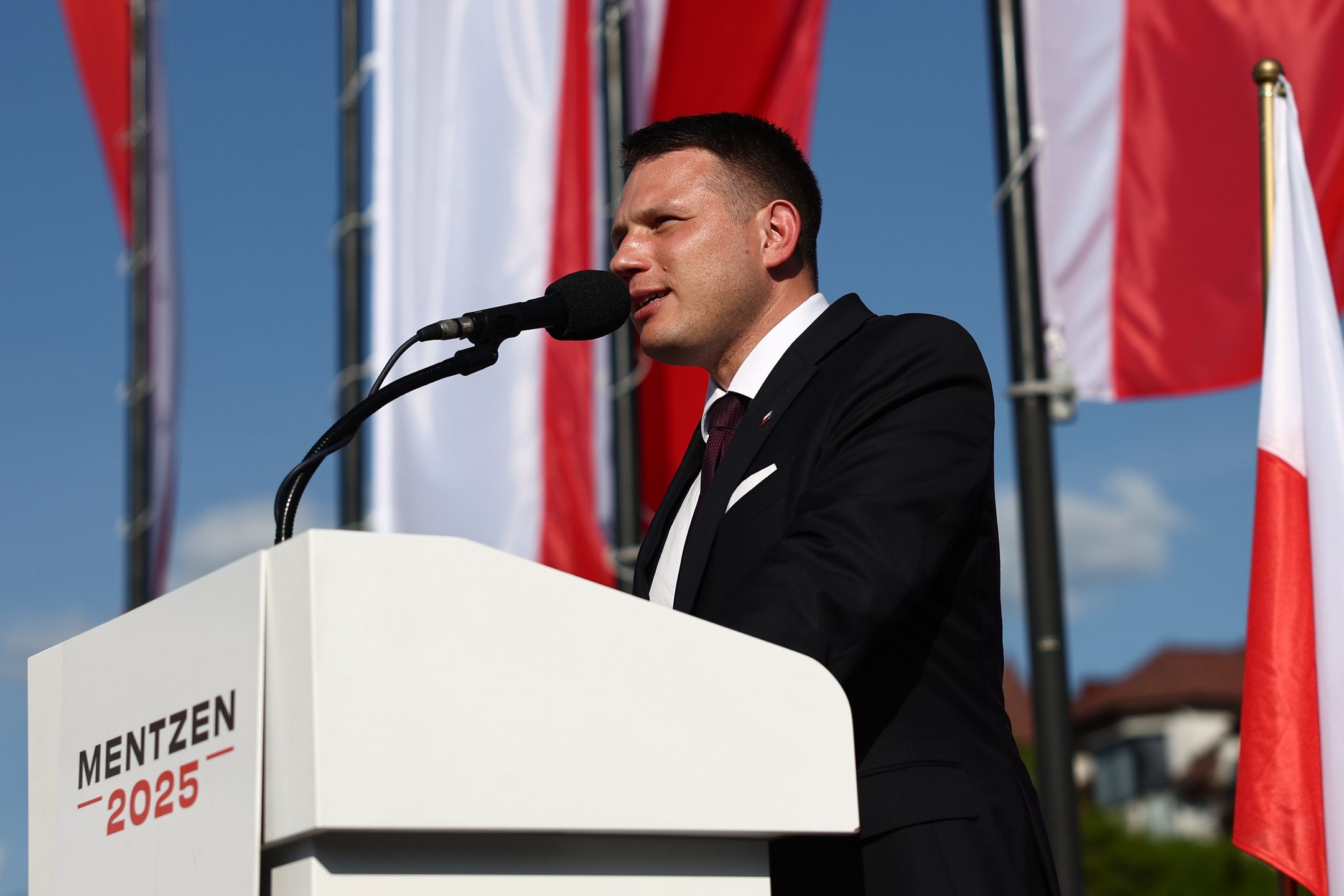 Slawomir Mentzen, Confederation party leader running for President of Poland , during the campaign rally in Jaworzno, Poland on May 1, 2025. (Photo by Jakub Porzycki/NurPhoto via Getty Images)