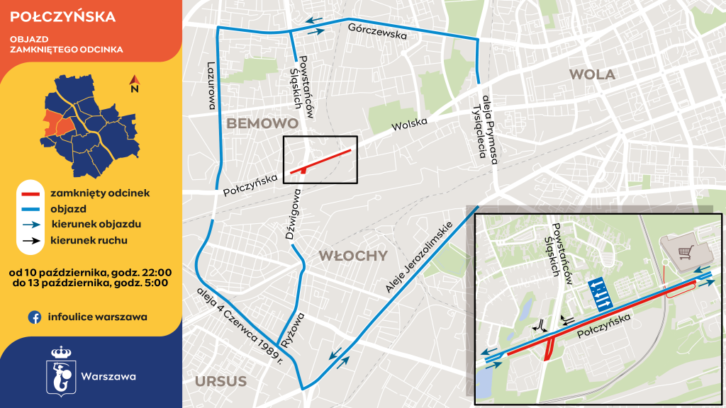 Infografika przedstawia objazd zamkniętej jezdni ulicy Połczyńskiej w kierunku centrum od wjazdu na skrzyżowanie z Dźwigową do zjazdu z wiaduktu nad torami kolejowymi.