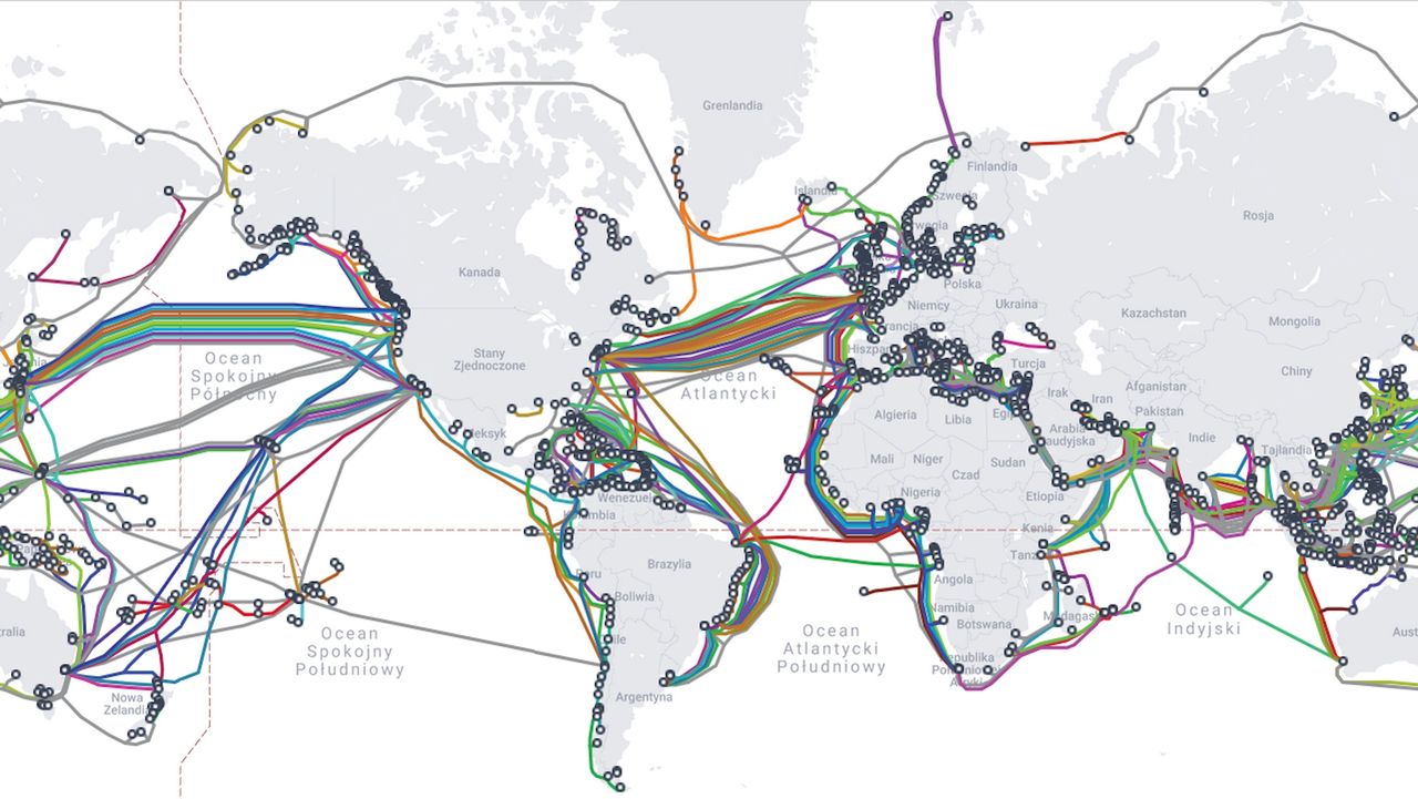 Mapa najważniejszych podmorskich kabli telekomunikacyjnych